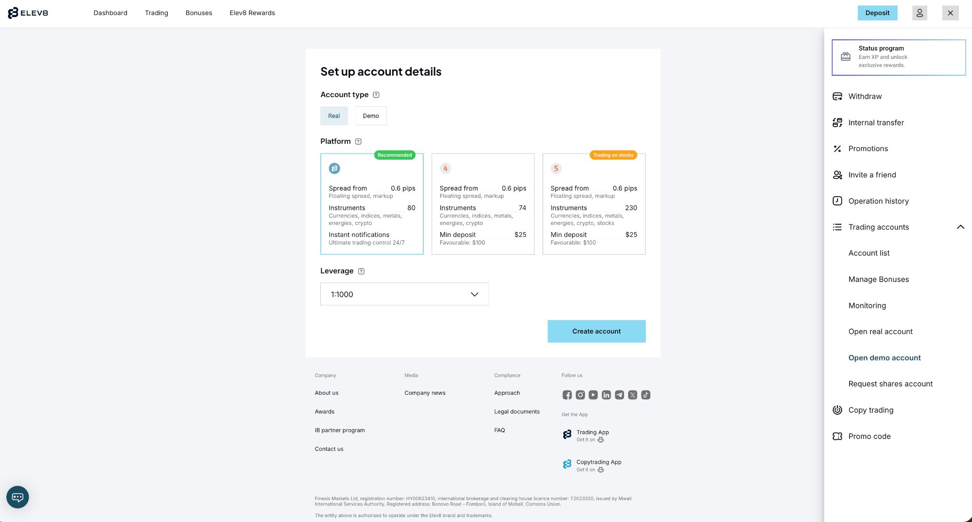 OctaFX (Elev8) demo account screen (real account)